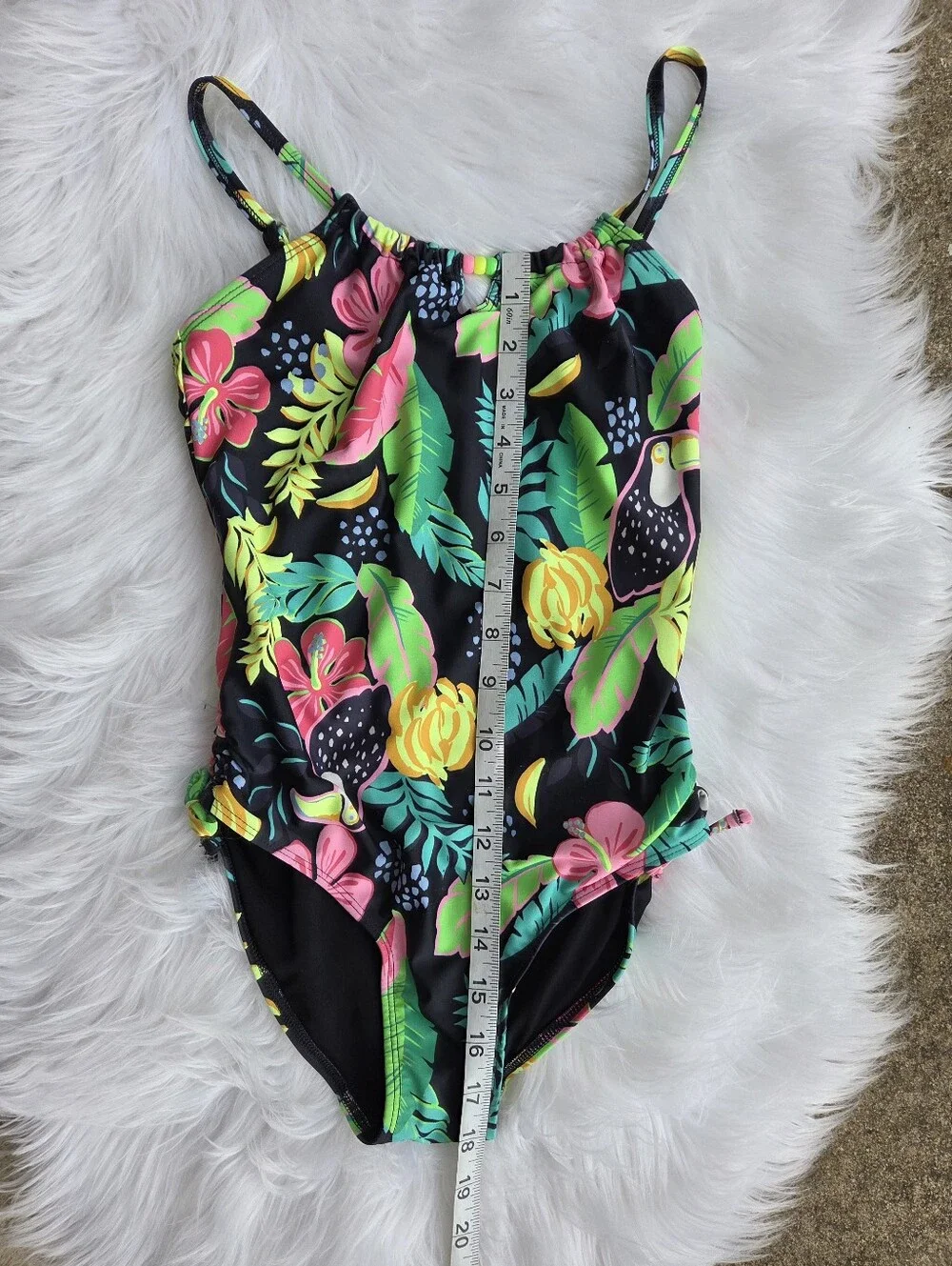 Old Navy - Kids Bead-Cutout One-Piece Swimsuit - Black with Neon Prints - Size